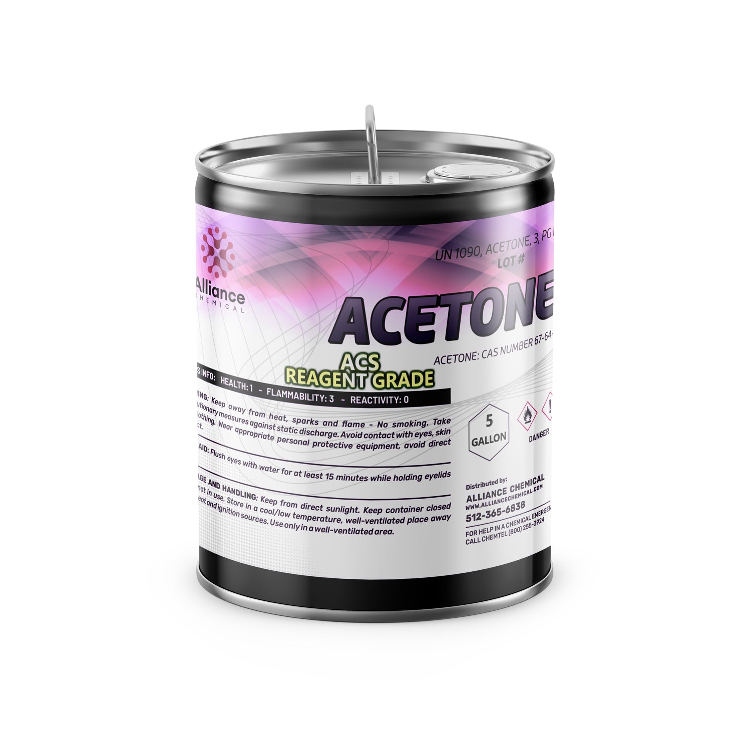 5-gallon metal canister of ACS Reagent Grade Acetone (CAS 67-64-1) with flammability warning, Alliance Chemical branding, and safety data label.